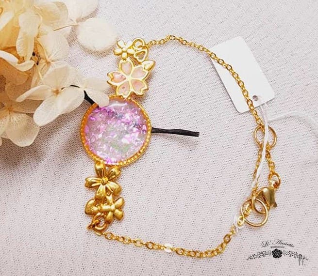 Li'Annette Pastel Pink Sakura Cherry Blossoms Resin Alloy Metallic Bracelet