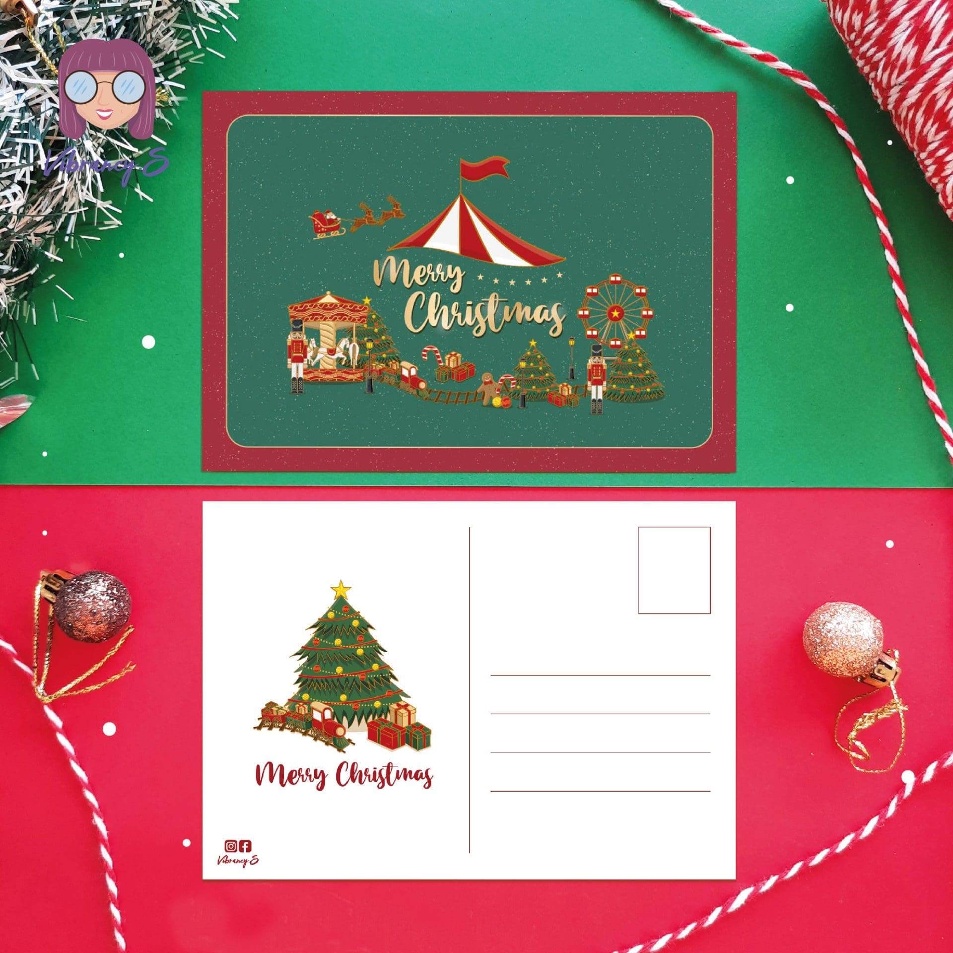Christmas Carnival Postcard Artprint Greeting Card | Green